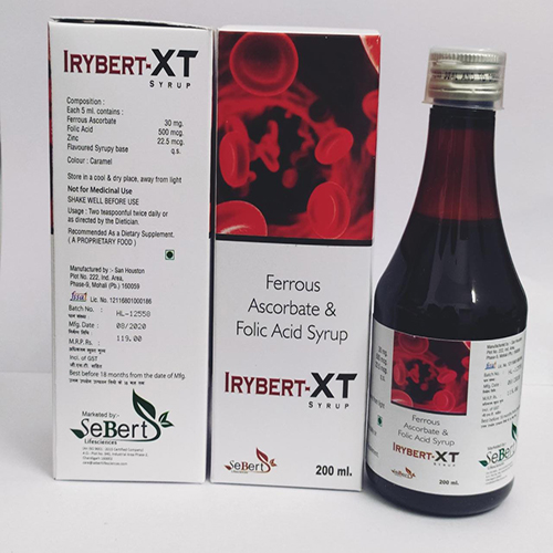 Product Name: Irybert XT, Compositions of Irybert XT are Ferrous Ascrobate & Folic Acid Syrup - Sebert Lifesciences