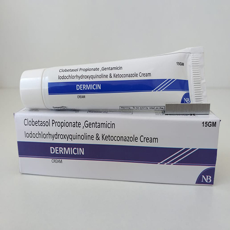 Product Name: Dermicin, Compositions of Dermicin are Clobetasol Propionate, Gentamicin iodochlorhydroxyquinoline and Ketoconazole Cream - Nexbon Lifesciences