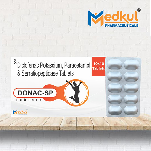 Product Name: Donac SP, Compositions of Donac SP are Diclofenac Potassium,Paracetamol & Serratiopeptidase Tablets - Medkul Pharmaceuticals