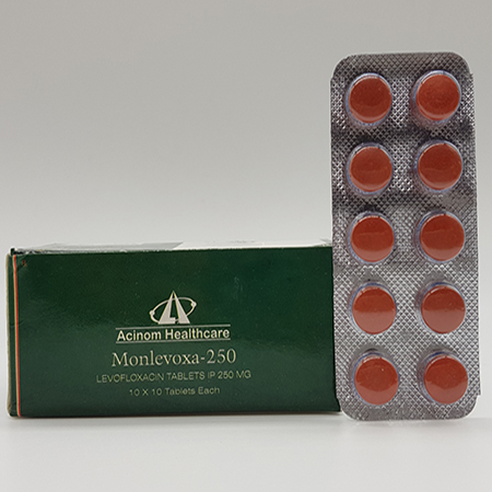 Product Name: Monlevoxa 250, Compositions of Monlevoxa 250 are Levofloxacin Tablets IP 250mg - Acinom Healthcare