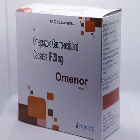 Product Name: Omenor, Compositions of Omenor are Omeprazole Gastro resistant Capsules 20mg - Norvick Lifesciences