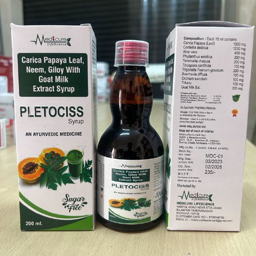 Product Name: PLETOCISS, Compositions of PLETOCISS are Carica papaya leaf neem giloy with goat milk Extarct Syrup - Medicure LifeSciences