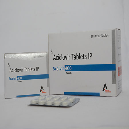 Product Name: SCALVIR 400, Compositions of SCALVIR 400 are Aciclovir Tablets IP - Alencure Biotech Pvt Ltd
