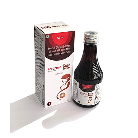 Product Name: FEROZONE GOLD, Compositions of FEROZONE GOLD are Ferrous Glycerine, Sulphate, Vitamin B12, Follic Acid Biotin with L-Lysine Syrup - Biocruz Pharmaceuticals Private Limited