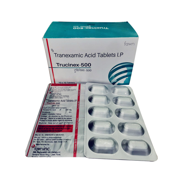 Product Name: TRUCINEX 500, Compositions of Tranexamic Acid I.P. 500 mg. are Tranexamic Acid I.P. 500 mg. - Fawn Incorporation