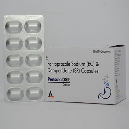 Product Name: PENSAK DSR, Compositions of PENSAK DSR are Pantoprazole  Sodium (EC) & Domperidone (SC) Capsules IP - Alencure Biotech Pvt Ltd