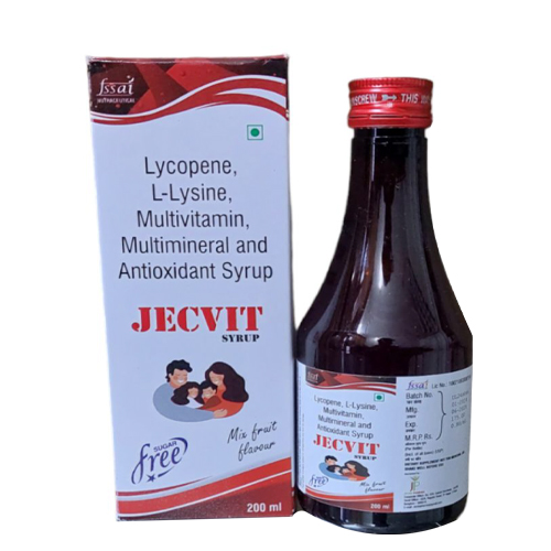 Product Name: Jecvit, Compositions of Jecvit are Lycopene, L-Lysine, Multivitamin, Multimineral and Antioxidant Syrup - Jecks Pharma