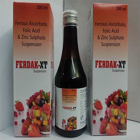 Product Name: Ferdak XT, Compositions of Ferdak XT are Ferrous Ascorbate,Folic Acid & Zinc Sulphate Suspension - Dakgaur Healthcare