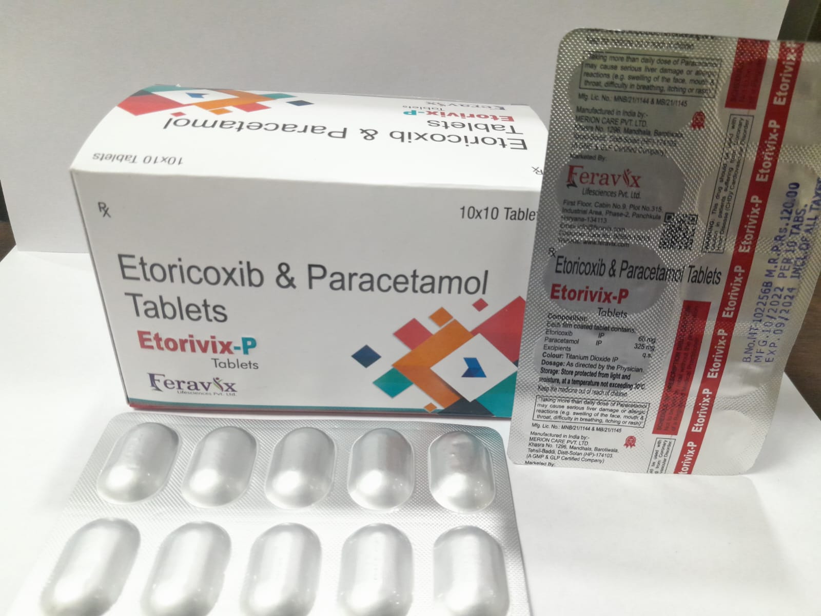 Product Name: ETORIVIX P Tablets, Compositions of ETORIVIX P Tablets are ETORICOXIB 60MG, PARACETAMOL 325MG - Feravix Lifesciences