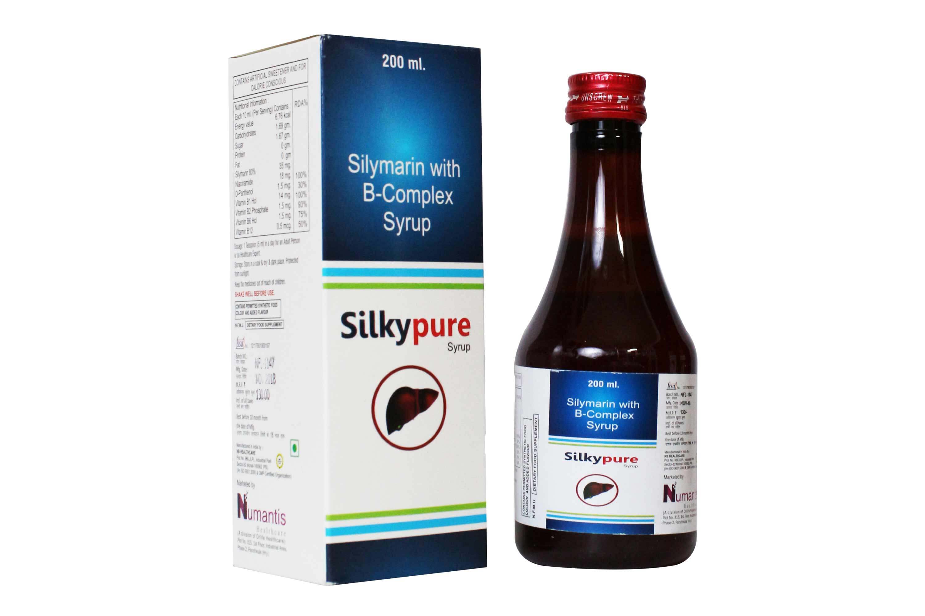 Product Name: Silkypure, Compositions of Silkypure are Silymarin with B-Complex Syrup - Numantis Healthcare