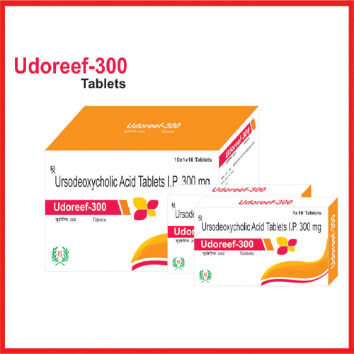 Product Name: Udoreef 300, Compositions of Udoreef 300 are Ursodeoxylic Acid Tablets IP 300 mg - Greef Formulations