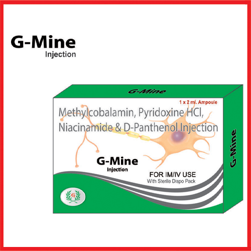 Product Name: G Mine, Compositions of G Mine are MethylCobalamin,Pyridoxine Hcl,Niacinamide & D-Panthenol Injection - Greef Formulations