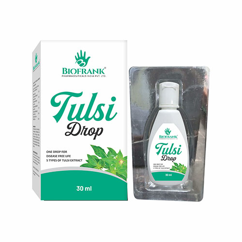 Product Name: Tulsi Drops, Compositions of Tulsi Drops are Tulsi Extract - Biofrank Pharmaceuticals (India) Pvt. Ltd