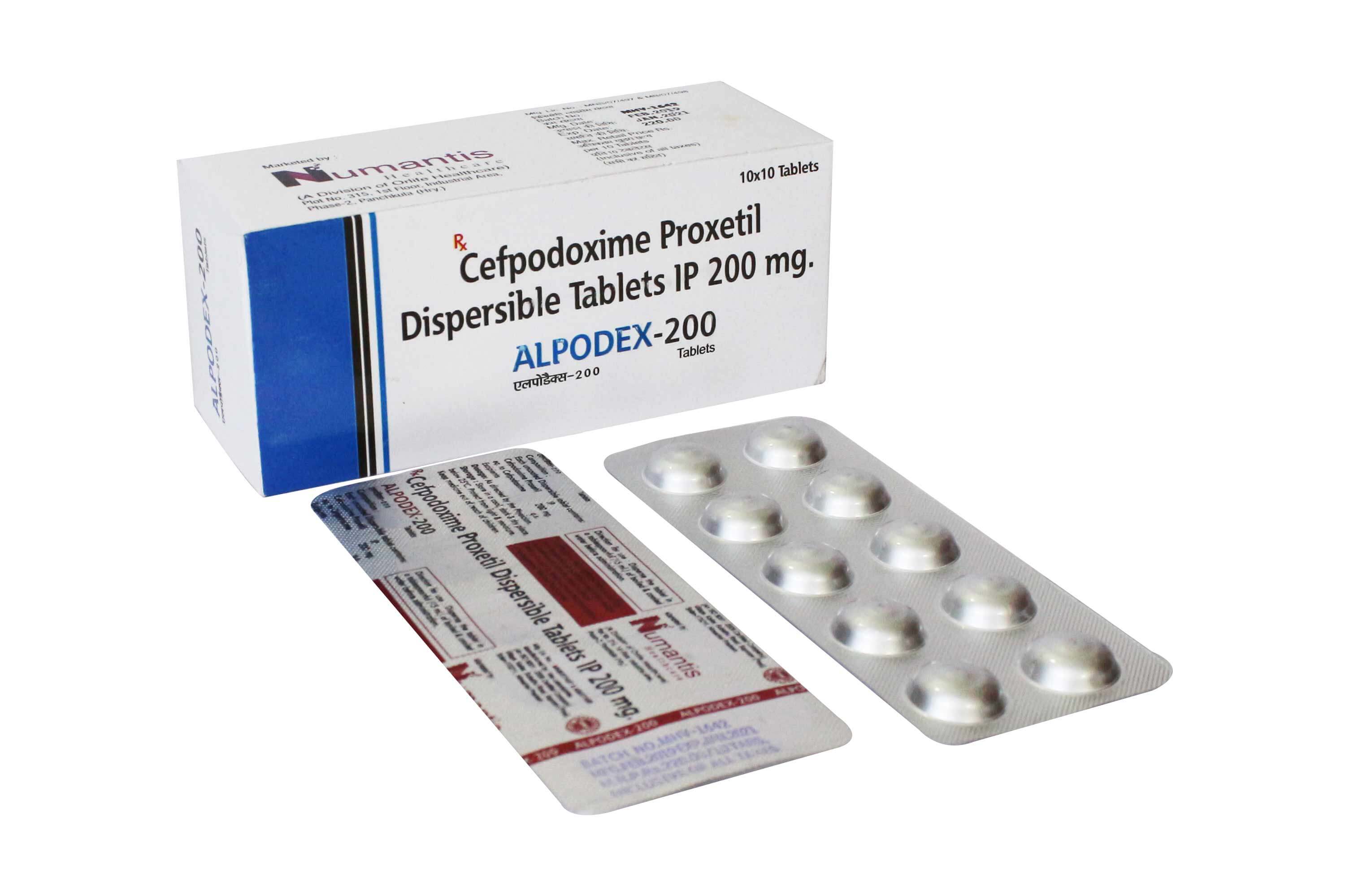 Product Name: Alpodex 200, Compositions of Alpodex 200 are Cefpodoxime Proxetil Dispersible Tablets IP 200mg - Numantis Healthcare