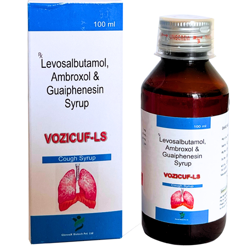 Product Name: VOZICUF LS, Compositions of VOZICUF LS are Levosalbutamol, Ambroxol & Guaiphenesin Syrup - Glenvox Biotech Private Limited