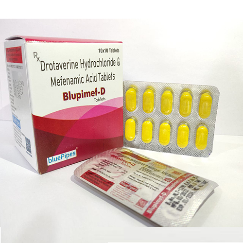 Product Name: BLUPIMEF D, Compositions of BLUPIMEF D are Drotaverine Hydrochloride & Mefenamic Acid Tablets - Bluepipes Healthcare