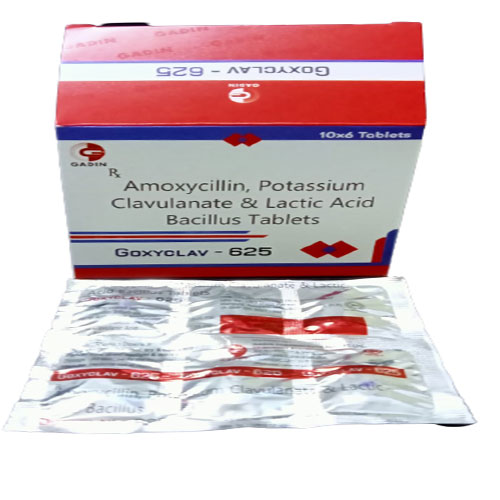 Product Name: Goxyclav 625, Compositions of Goxyclav 625 are AMOXYCILLIN 500 MG + POTASSIUM CLAVULANIC ACID 125 MG WITH LB - Gadin Pharmaceuticals Pvt. Ltd