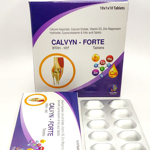 Product Name: Calvyn Forte, Compositions of Calvyn Forte are Calsium Aspartate,Calcium Orotate,Vitamin D3,Zinc Magnesium Hydroxide,Cyanocobalamin & Folic acid Tablets - Peakwin Healthcare