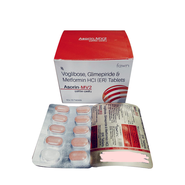 Product Name: ASORIN MV2, Compositions of Glimipride 2 mg + Voglibose 0.3 mg + Metformin Hydrochloride (SR) 500 mg. are Glimipride 2 mg + Voglibose 0.3 mg + Metformin Hydrochloride (SR) 500 mg. - Fawn Incorporation