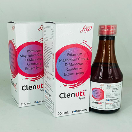 Product Name: Clenuti, Compositions of Clenuti are Potassium Magnesium Citrate D-Mannose, Cranberry Extract Syrup - Biodiscovery Lifesciences Pvt Ltd