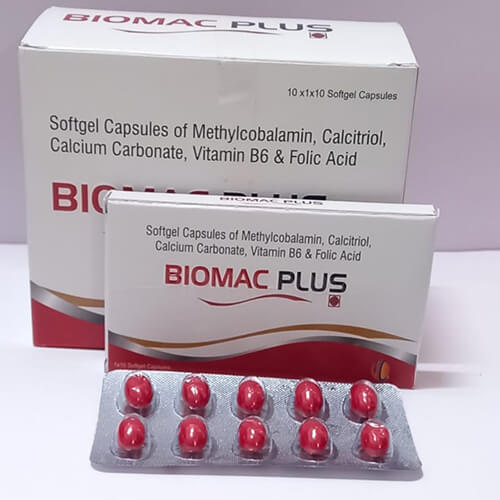 Product Name: Biomac plus, Compositions of Biomac plus are Softgel Capsules of Methylcobalamin,Calcitriol,Calcium Carbonate,Vitamin B6 & Folic Acid - Macro Labs Pvt Ltd