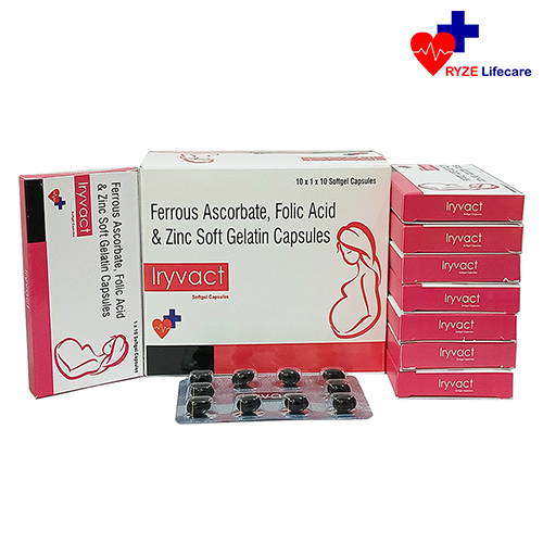 Product Name: Iryvact , Compositions of Iryvact  are Ferrous Ascorbate , Folic Acid & Zinc Soft Gelatin Capsules  - Ryze Lifecare