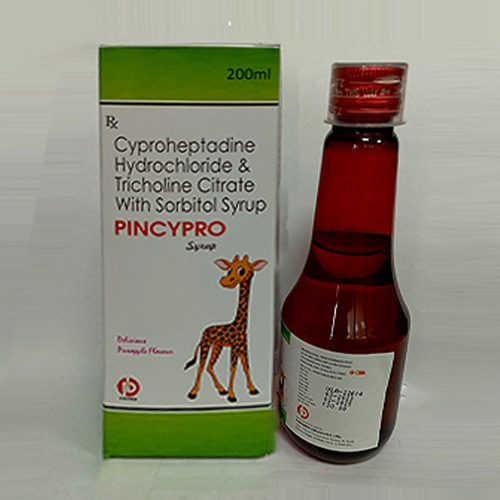 Product Name: Pincypro Syrup, Compositions of Pincypro Syrup are Cyproheptadine Hydrochloride & Tricholine Citrate With Sorbitol Syrup - Pinamed Drugs Private Limited