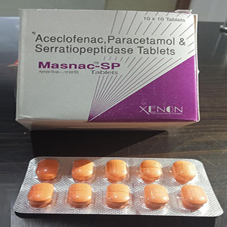 Product Name: Masnac Sp, Compositions of Masnac Sp are Aceclofenac,Paracetamol & Serratiopeptidase Tablets - Xenon Pharma Pvt. Ltd