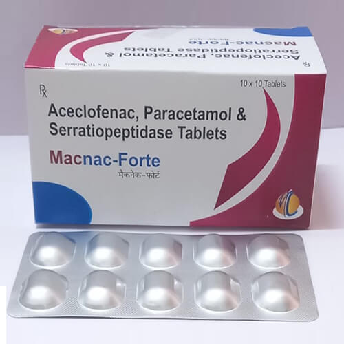 Product Name: Macnac Forte, Compositions of Macnac Forte are Aceclefenac,Parecetamol & Serratipeptidase Tablets - Macro Labs Pvt Ltd