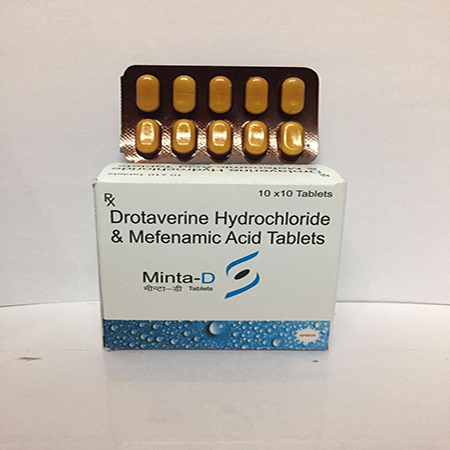 Product Name: Minta D, Compositions of Minta D are Drotaverine HCL & Mefenamic Acid Tablets - Apikos Pharma