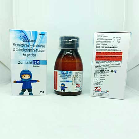 Product Name: Zumcold DS, Compositions of Zumcold DS are Paracetamol,Phenyphrine Hydrochloride & Chlorpheniramine Maleate Suspension - Zumax Biocare