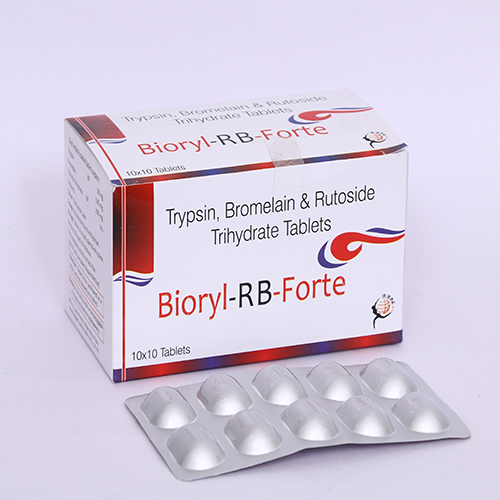 Product Name: BIORYL RB FORTE, Compositions of BIORYL RB FORTE are Trypsin, Bromelain & Rutoside Trihydrate Tablets - Biomax Biotechnics Pvt. Ltd