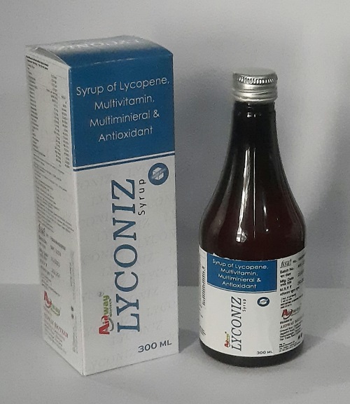 Product Name: Lyconiz, Compositions of Lyconiz are Syrup of Lycopene Multivitamin Multimineral & Antioxidant - Aidway Biotech