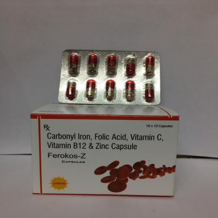 Product Name: FEROKOS Z, Compositions of FEROKOS Z are Carbonyl Iron, Folic Acid, Vitamin C, Vitamin B12 & Zinc Capsules - Apikos Pharma