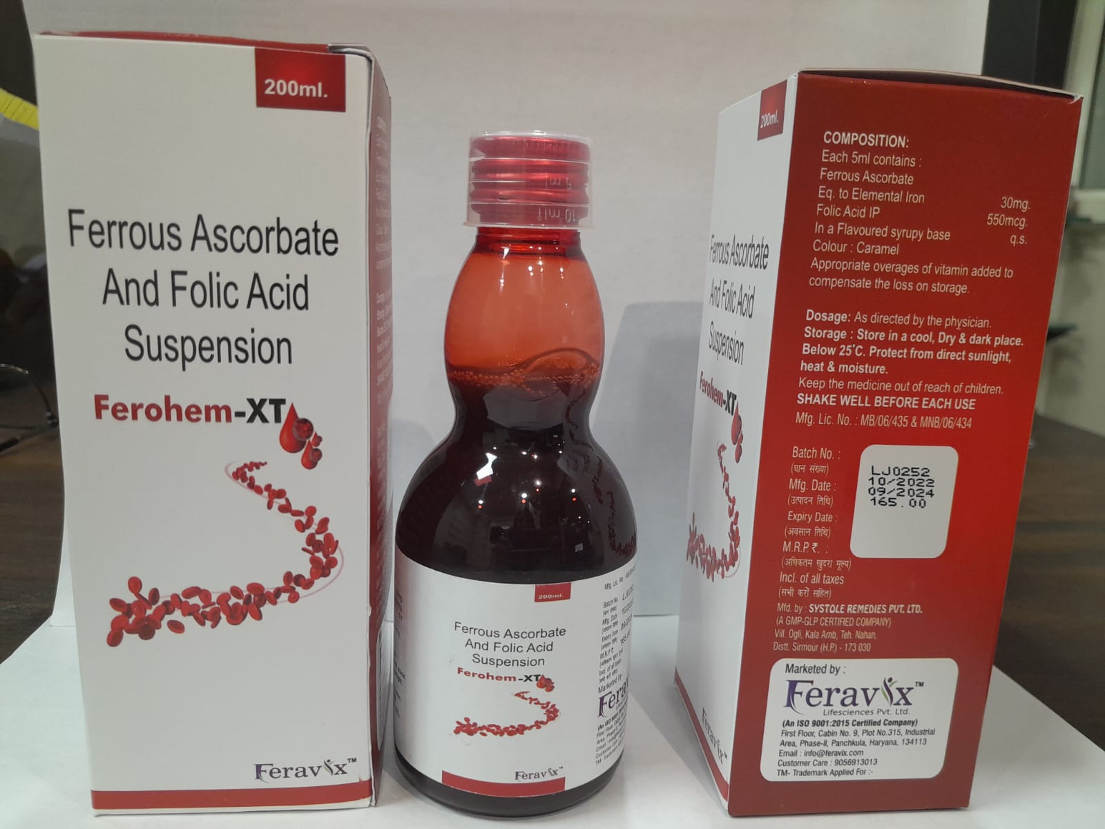 Product Name: FEROHEM XT Syrup, Compositions of FEROHEM XT Syrup are FERROUS ASCORBATE 30MG, FOLIC ACID 550MCG - Feravix Lifesciences