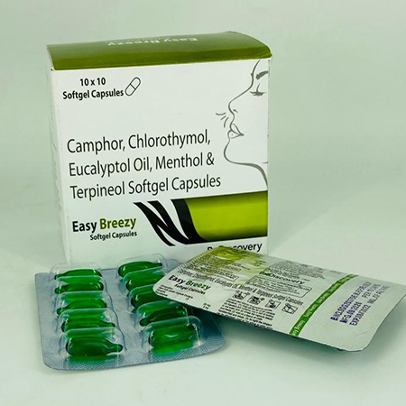 Product Name: Easy Breezy, Compositions of are Camphor, Chlorothymol, Eucalyptol Oil, Menthol &  Terpineol Softgel Capsules - Biodiscovery Lifesciences Pvt Ltd