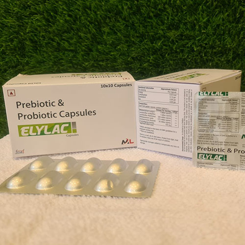 Product Name: Elylac, Compositions of Elylac are Prebiotic & Probiotic Capsules - Medizec Laboratories