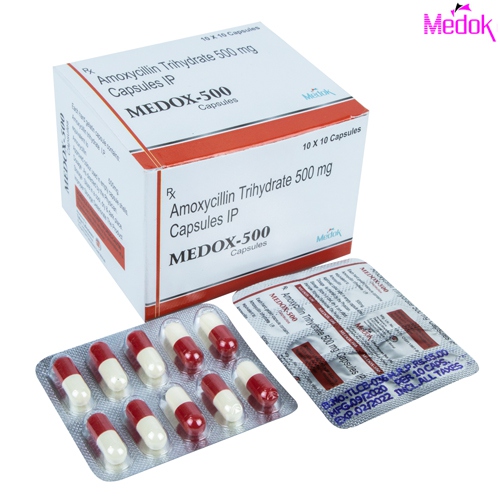 Product Name: Medox 500, Compositions of Medox 500 are Amoxycillin trihydrate 500mg capsules IP - Medok Life Sciences Pvt. Ltd