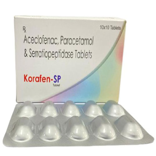 Product Name: KORAFEN SP, Compositions of KORAFEN SP are Aceclofenac 100mg+ Paracetamol 325mg + Serratiopeptidase 15mg  - Edelweiss Lifecare