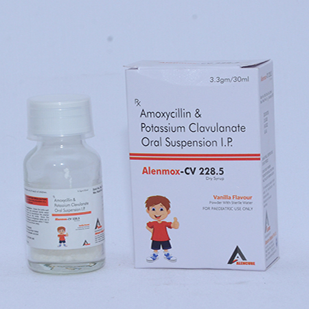 Product Name: ALENMOX CV 228.5, Compositions of ALENMOX CV 228.5 are Amoxycillin & Potassium Clavulanate Oral Suspension IP - Alencure Biotech Pvt Ltd