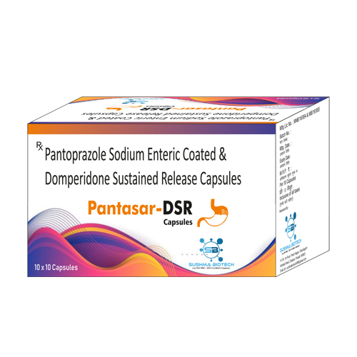 Product Name: Pantasar DSR, Compositions of Pantasar DSR are Pantoprazole Sodium Enteric Coated & Domperidone Sustained Release Capsules - Sushma Biotech