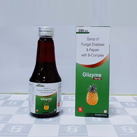 Product Name: Glizyme, Compositions of Glizyme are Syrup of Fungle Diastase & Papain B-Complex - Hower Pharma Private Limited