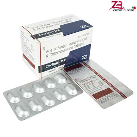 Product Name: Zexflam MR, Compositions of Zexflam MR are Aceclofenac,Paracetamol  & Chlorzaxazone Tablets - Zumax Biocare