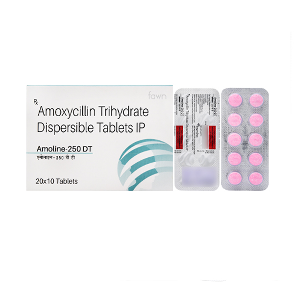 Product Name: AMOLINE 250 DT, Compositions of Amoxycillin 250 mg. Dispersible I.P. are Amoxycillin 250 mg. Dispersible I.P. - Fawn Incorporation