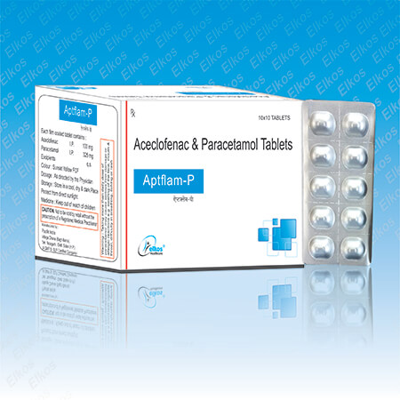 Product Name: Aptflam P, Compositions of Aptflam P are Aceclofenac & Paracetamol Tablets - Elkos Healthcare Pvt. Ltd