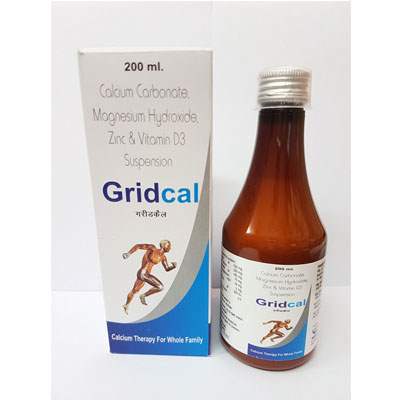 Product Name: Gridcal syrup, Compositions of Gridcal syrup are Calcium Carbonate, Vitiman D3, Magnesium Hydroxide and Zink Suspension - Cubic Lifesciences Private Limited