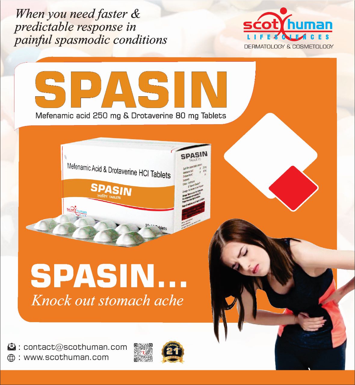 Product Name: Spasin, Compositions of Spasin are Mefenamic Acid & Drotaveriene Hcl Tablets - Pharma Drugs and Chemicals