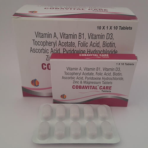 Product Name: Cobavital Care, Compositions of Cobavital Care are Vitamin A,VitaminB1,VitaminB2,VitaminD3,Tocopheryl Acetate,Folic Acid,Biotin,Ascorbic Acid,Pyridoxine Hydrochloride Zinc & Magnesium Tablets - Macro Labs Pvt Ltd