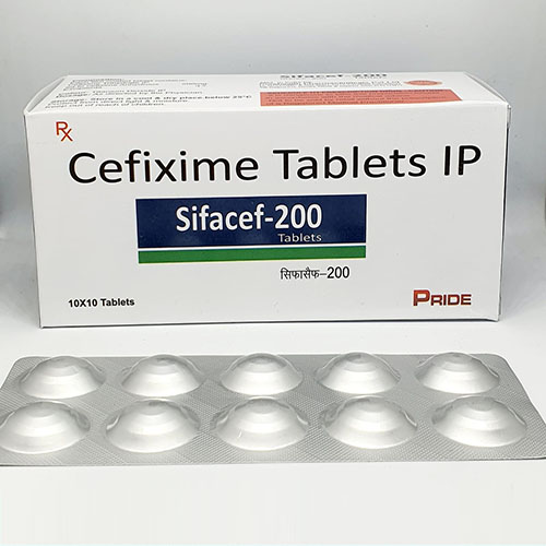 Product Name: Sifacef 200, Compositions of Sifacef 200 are Cefixime Tablets IP - Pride Pharma