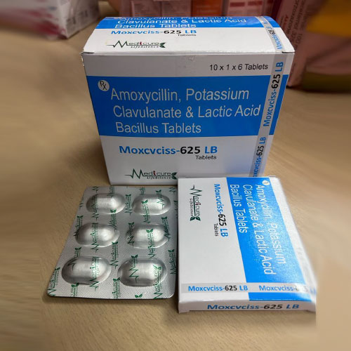 Product Name: MAXCVCISS 625 LV, Compositions of MAXCVCISS 625 LV are Amoxycillin, Potassium Clavulanate & Lactic Acid Bacillus Tablets - Medicure LifeSciences